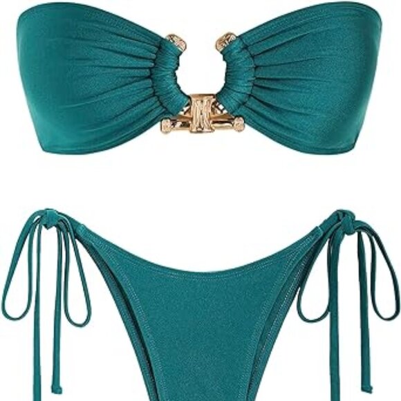 ZAFUL Metal Ring Bandeau Bikini Set Tie Side Bathing Suit High Cut 2 Pie… - Picture 2 of 3
